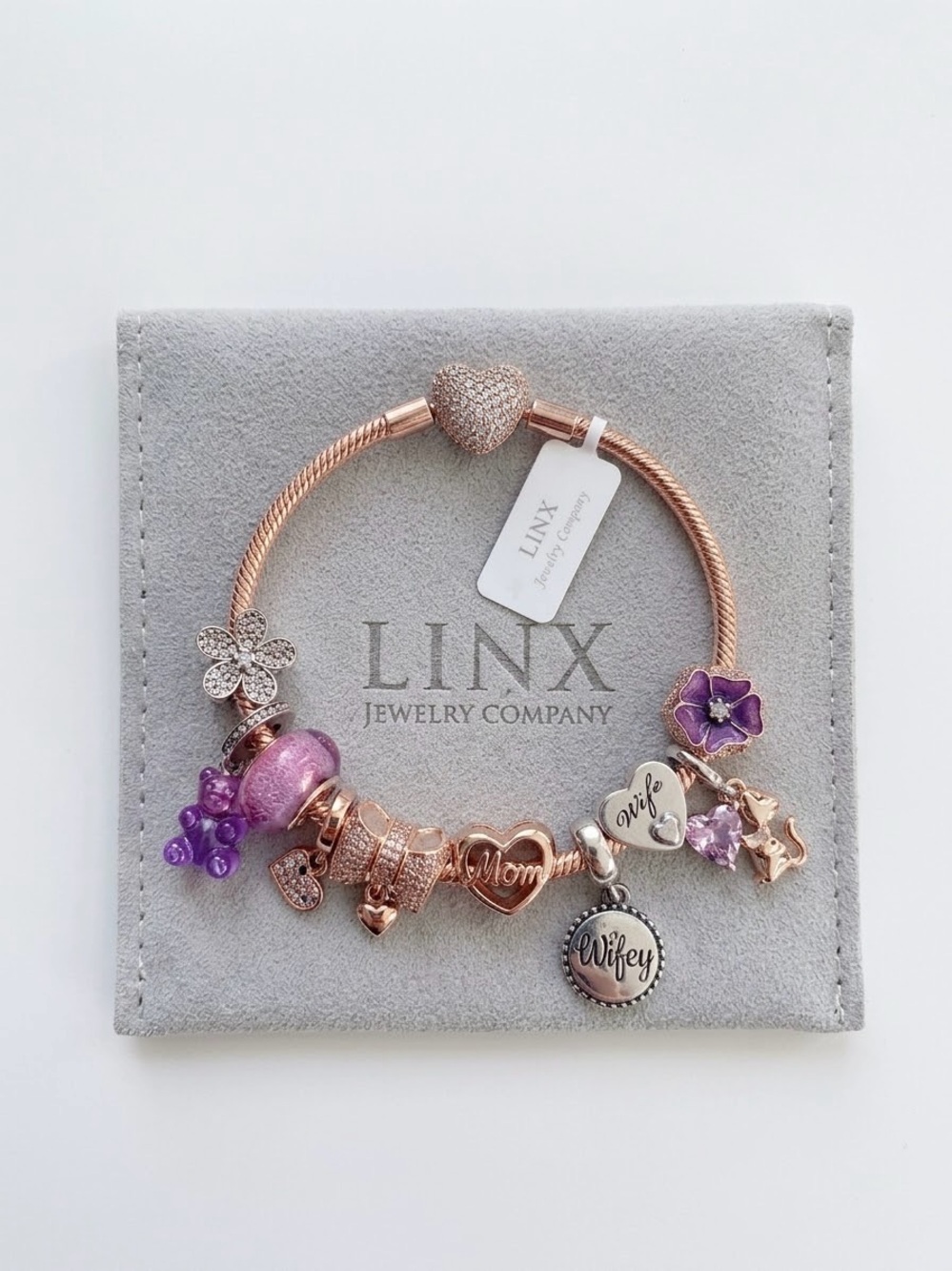 Linx Rose Gold Snake Chain Charm Bracelet with Wife & Mom Themed Charms